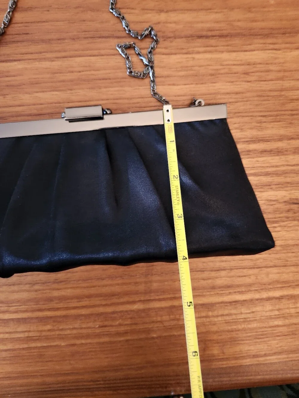 Gunne Sax Pleated Black Satin Clutch With Tuck-In Chain Strap